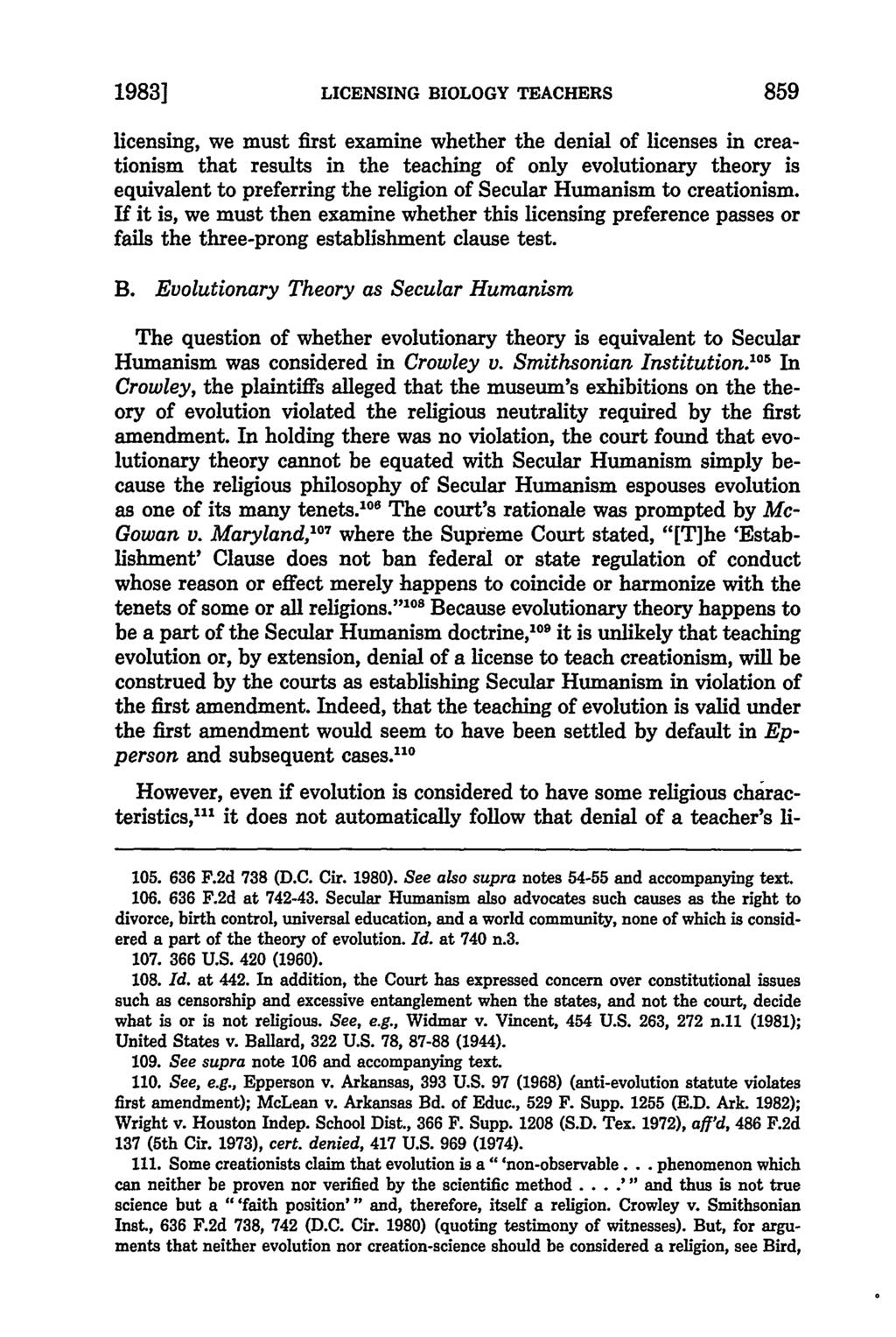 1983] LICENSING BIOLOGY TEACHERS 859 licensing, we must first examine whether the denial of licenses in creationism that results in the teaching of only evolutionary theory is equivalent to