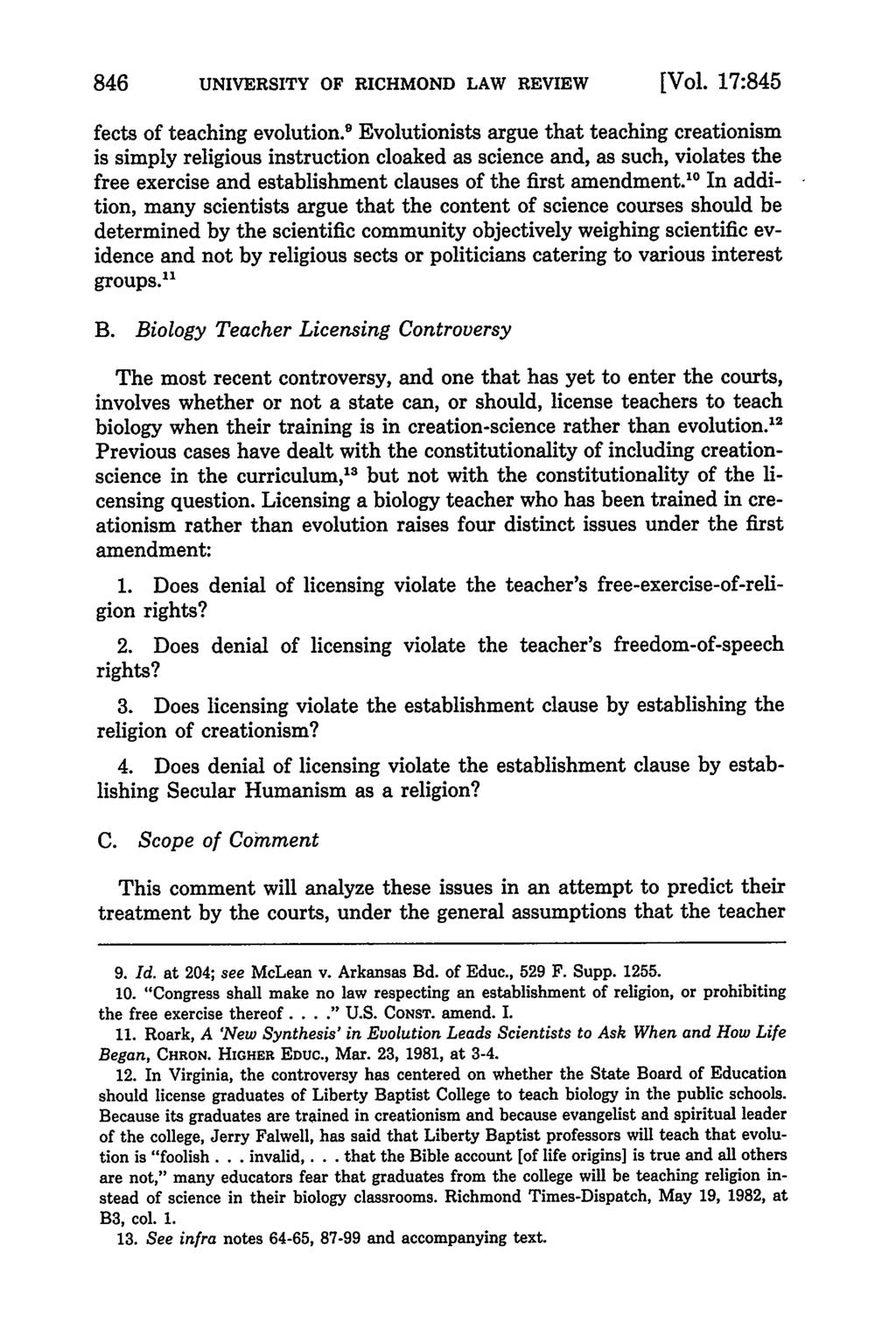 846 UNIVERSITY OF RICHMOND LAW REVIEW [Vol. 17:845 fects of teaching evolution.