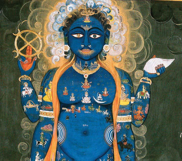 Vishnu grew to become a major Hindu god. He is seen here as the whole universe in all its variety. He is blue, the color of infinity.