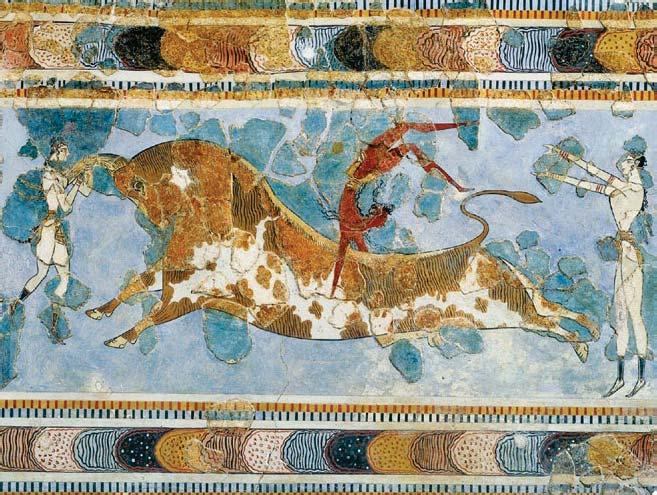 SOCIAL HISTORY BULL LEAPERS OF KNOSSOS The wall painting captures the death-defying jump of a Minoan bull leaper in mid-flight.