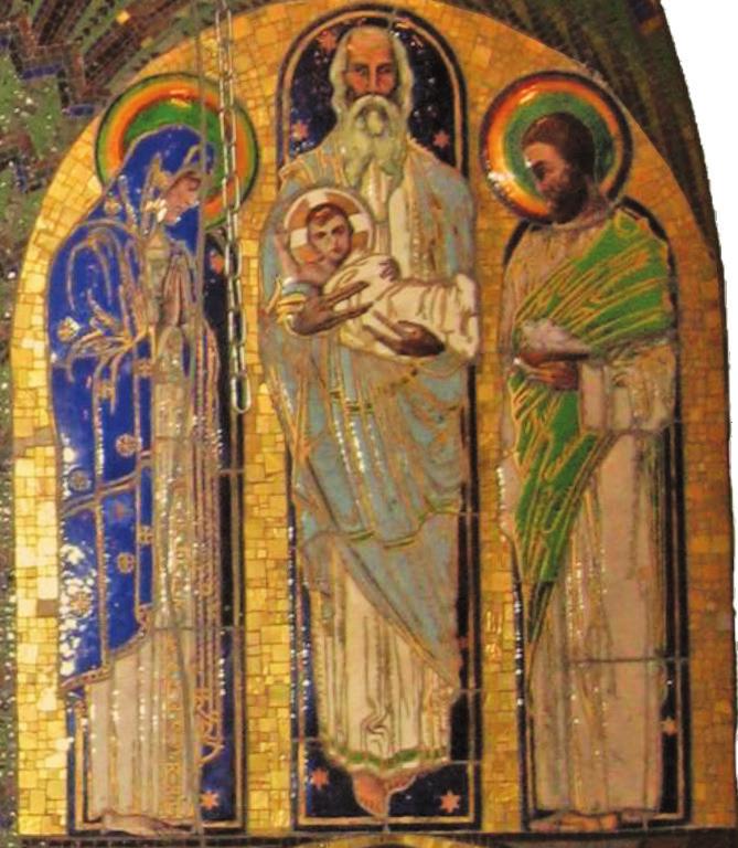 Pilgrim Chapel Mosaic illustration of Jesus held by St. Simeon in Temple.