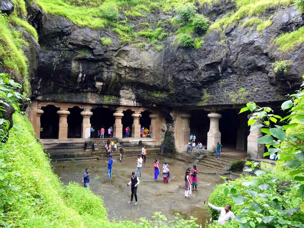 Elephanta, East Court The main cave is on right, 128 ft deep from the front to