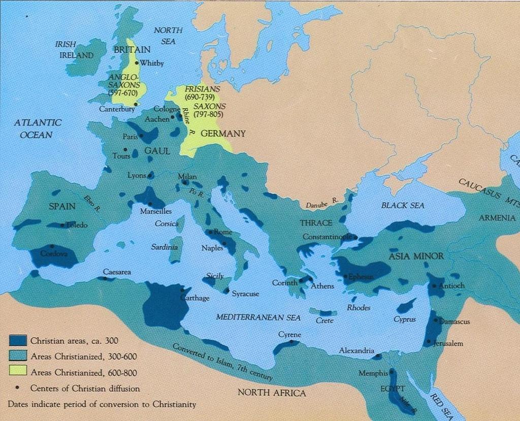 Christian missionaries (people travelling around trying to teach and convert people to Christianity) had started new Christian communities in all the major cities of the Western Roman Empire by the