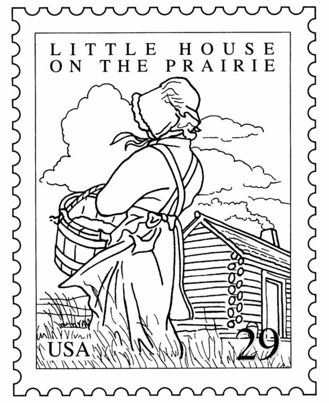 Little House Fun The Little House on the Prairie stamp was issued in 1993 by the USPS as part of the four-stamp set called Youth Classics. Can you color the stamp on the left to match the one above?