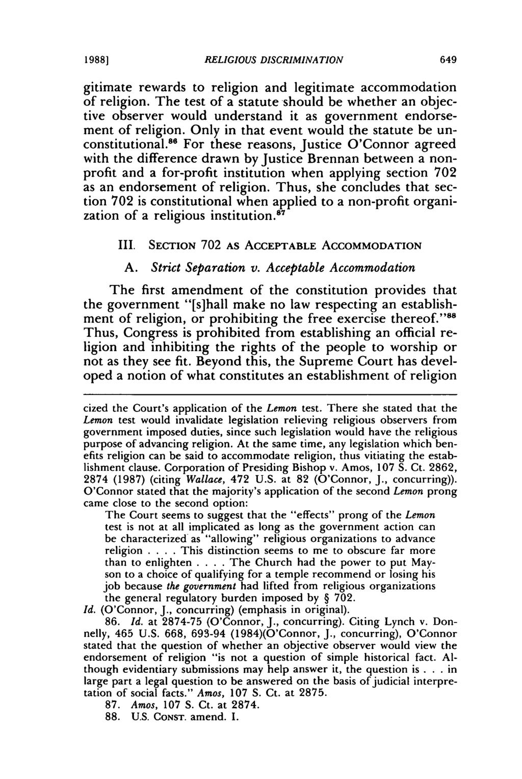 1988] RELIGIOUS DISCRIMINATION gitimate rewards to religion and legitimate accommodation of religion.