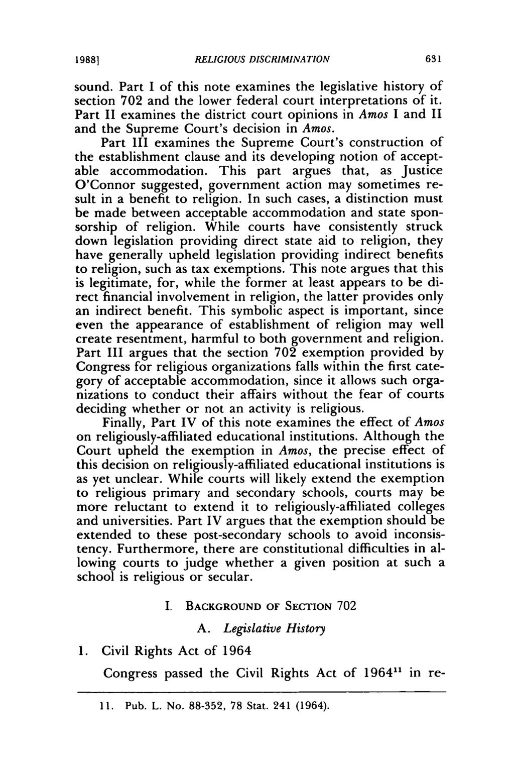 19881 RELIGIOUS DISCRIMINATION sound. Part I of this note examines the legislative history of section 702 and the lower federal court interpretations of it.