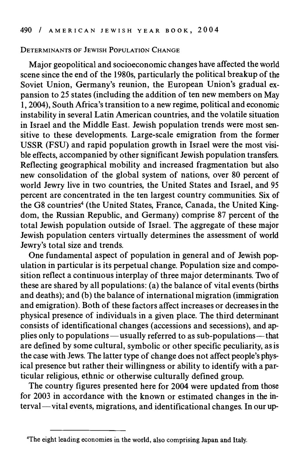 490 / AMERICAN JEWISH YEAR BOOK, 2004 DETERMINANTS OF JEWISH POPULATION CHANGE Major geopolitical and socioeconomic changes have affected the world scene since the end of the 1980s, particularly the