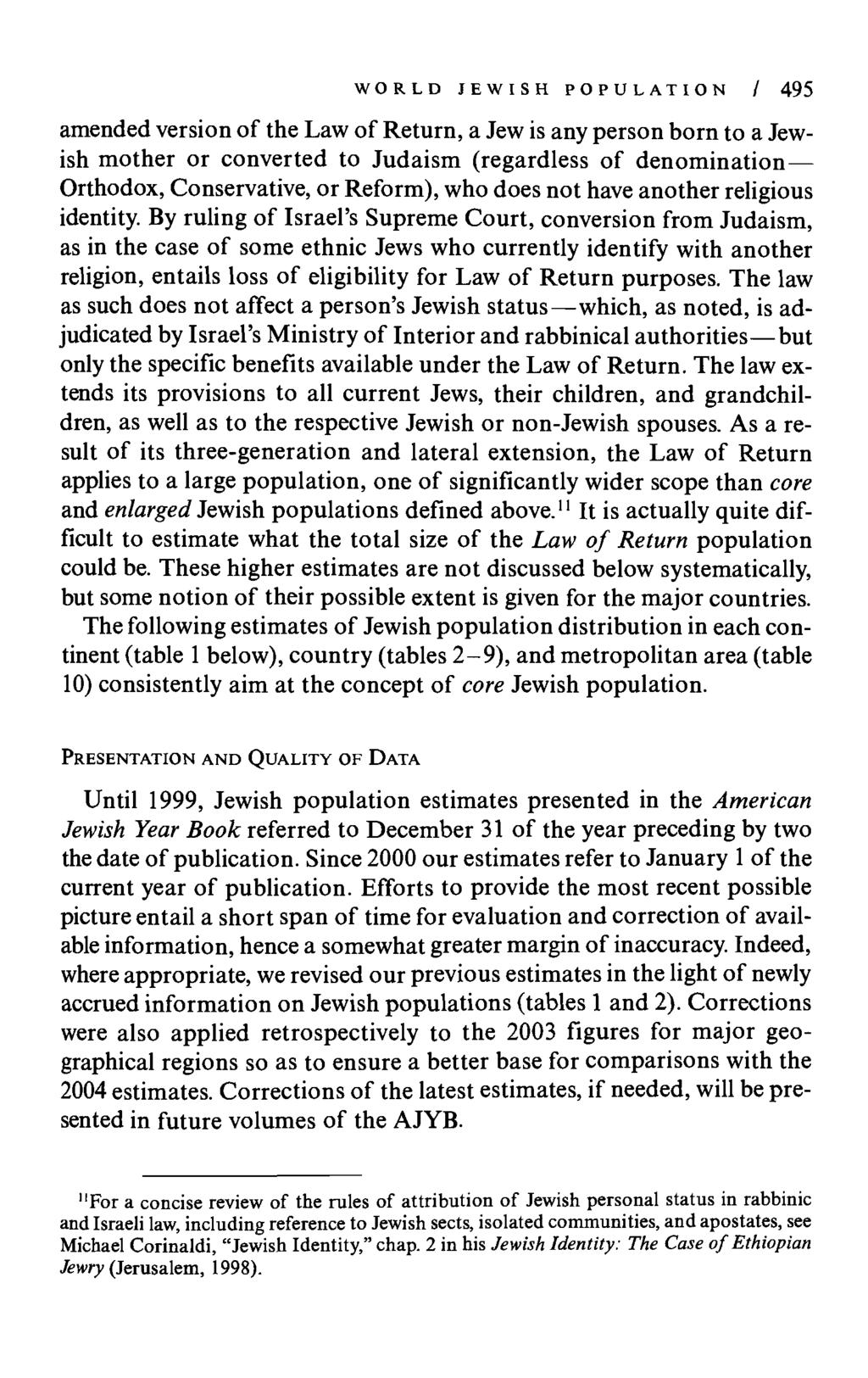 WORLD JEWISH POPULATION / 495 amended version of the Law of Return, a Jew is any person born to a Jewish mother or converted to Judaism (regardless of denomination Orthodox, Conservative, or Reform),