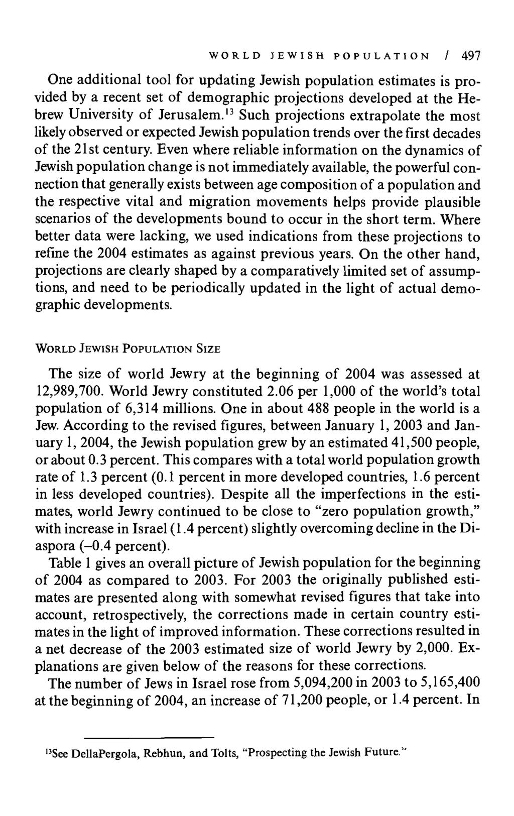 WORLD JEWISH POPULATION / 497 One additional tool for updating Jewish population estimates is provided by a recent set of demographic projections developed at the Hebrew University of Jerusalem.