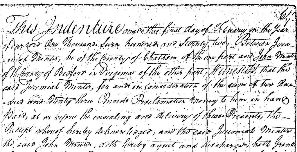 37 A portion of the original deed of land from Jeremiah Minter to John Minter, dated February 1, 1772.