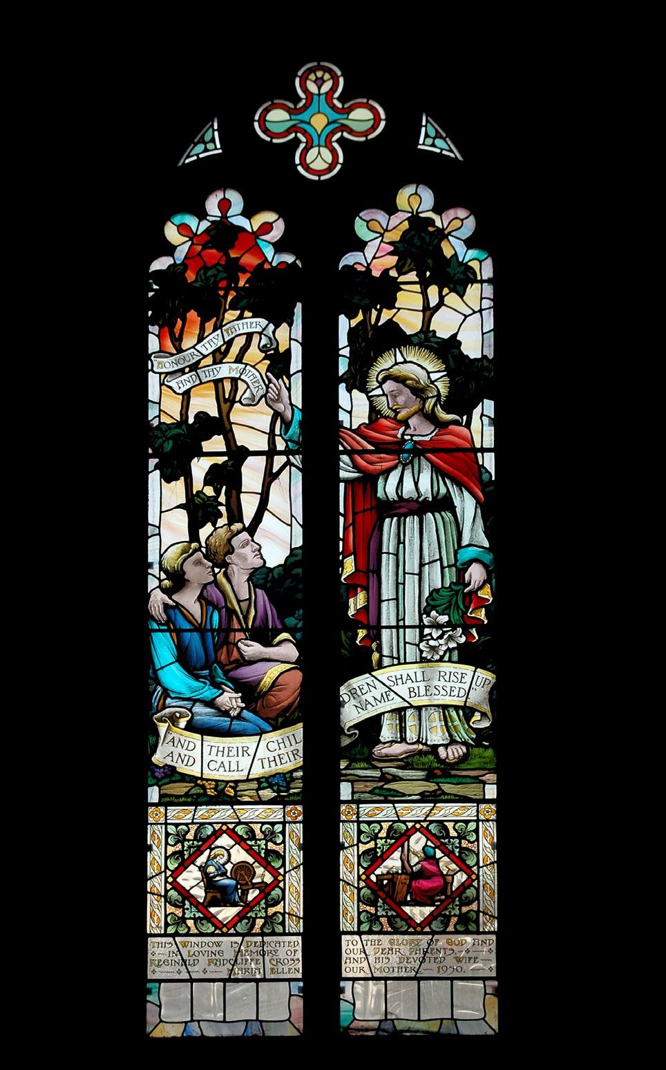 Radcliff and Cross Given by their children in memory of Reginald Radcliffe and Maria Ellen Cross, this window was designed by Williams & Watson.
