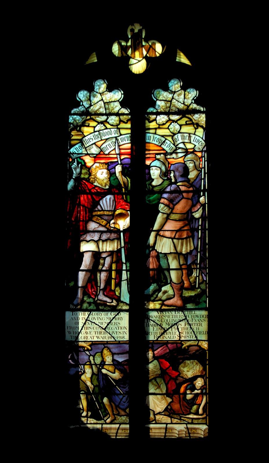 World War I The WW1 Memorial Window, also by Bacon Brothers was dedicated on 10 th October 1920 and retells a story about King David.