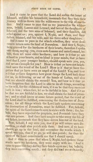 Excerpt from the 1830 edition of the Book of Mormon at 1 Nephi 7:5 16. Courtesy of L. Tom Perry Special Collections, Harold B. Lee Library, Brigham Young University.