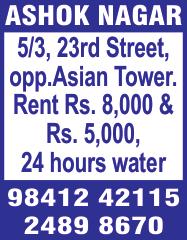 NAGAR, No. 23, Arulambal Street, behind Jeeva Park, 3 bedrooms, hall, kitchen, 1400 sq.ft, ground floor, newly renovated, car park, family - rent Rs. 27000 / office - Rs. 40000 / lease Rs. 30 lakhs.