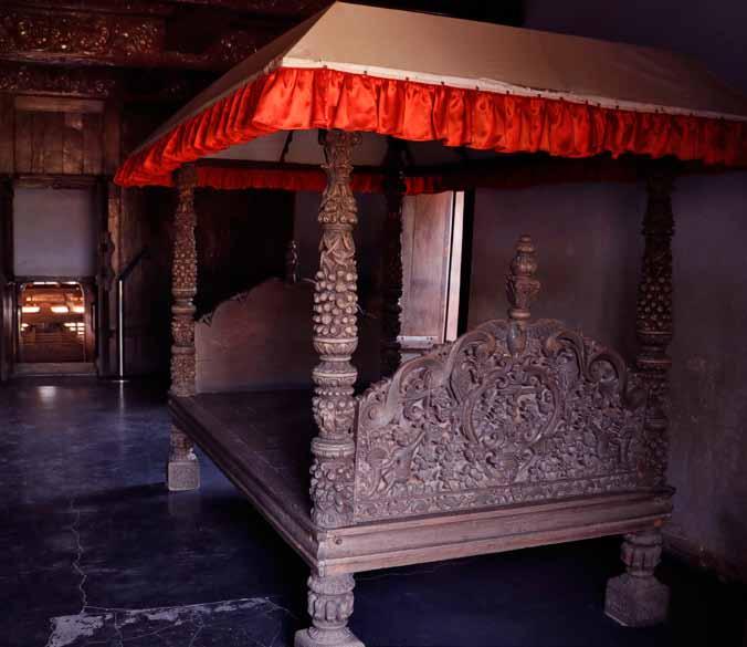 The famed sapramanchakattil, (an ornate poster bed) supposedly made from a fusion of 64 timber samples with medicinal properties and