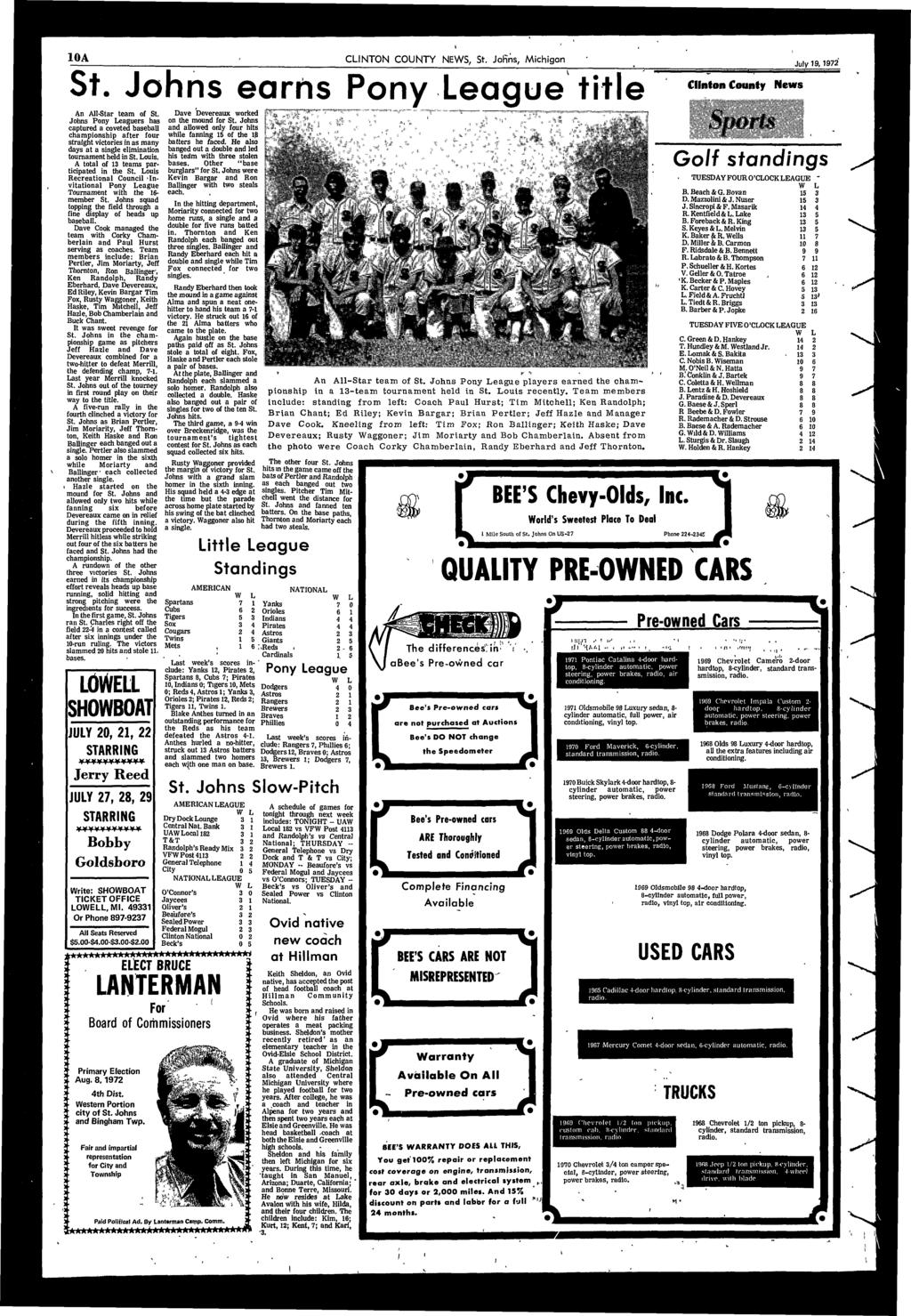 10A CLINTON COUNTY NEWS, St. Jofns, Mchgan July 19,1972 St. Johns earns Pony League ttle Clnton County News An All-Star team of St.
