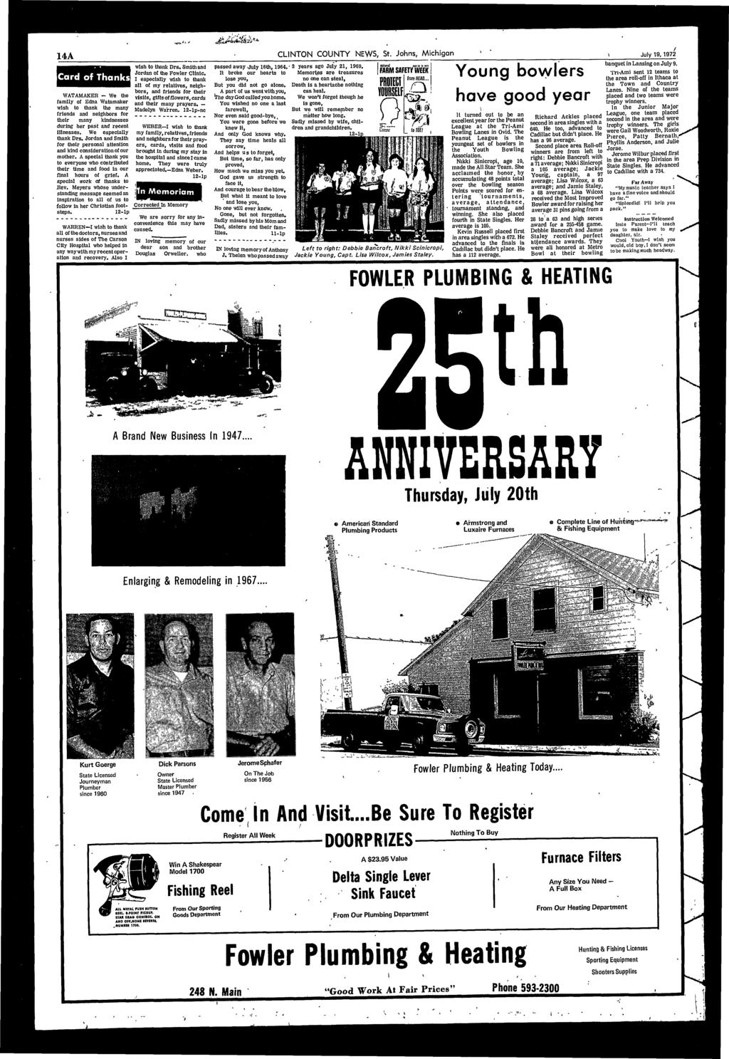 .K-> jy*m&* 14A CLINTON COUNTY NEWS, St. Johns, Mchgan July 19,1972 wsh to thank Drs, Smth and passed away -July 16th, 1964.