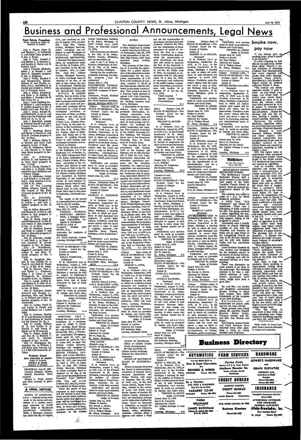 4B CLINTON COUNTY NEWS, St. Johns, Mchgan July 19/1972 Busness and Professonal Announcements, Legal News Real Estate Transfers (Prom records In offce of Regster of Deeds July 5: Floate, Clare E.