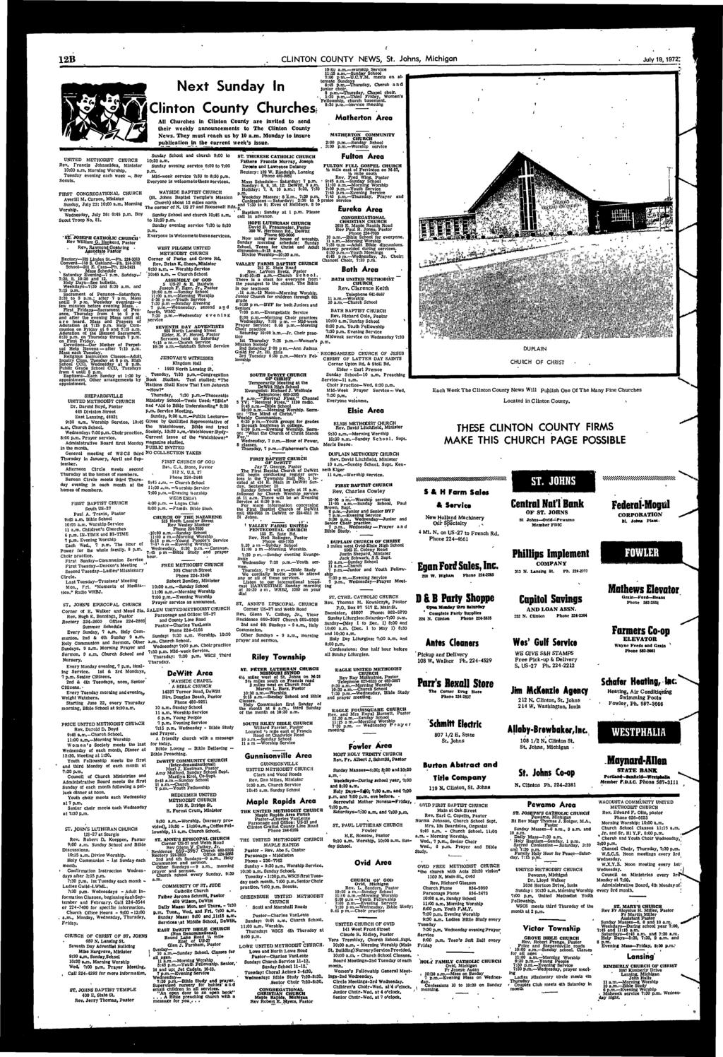 12B CLINTON COUNTY NEWS, St. Johns, Mchgan July 19,1972: Next Sunday In Clnton County Churches All Churches n Clnton County are nvted to send ther weekly announcements to The Clnton County News.