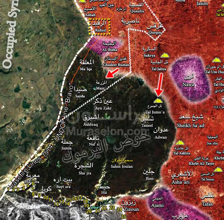8 The contact line between the Syrian army and ISIS in the Yarmouk Basin (Muraselon, July 23, 2018) On July 19, 2018, the Syrian army attacked the villages of Jilen and Tell Ashtara, on the