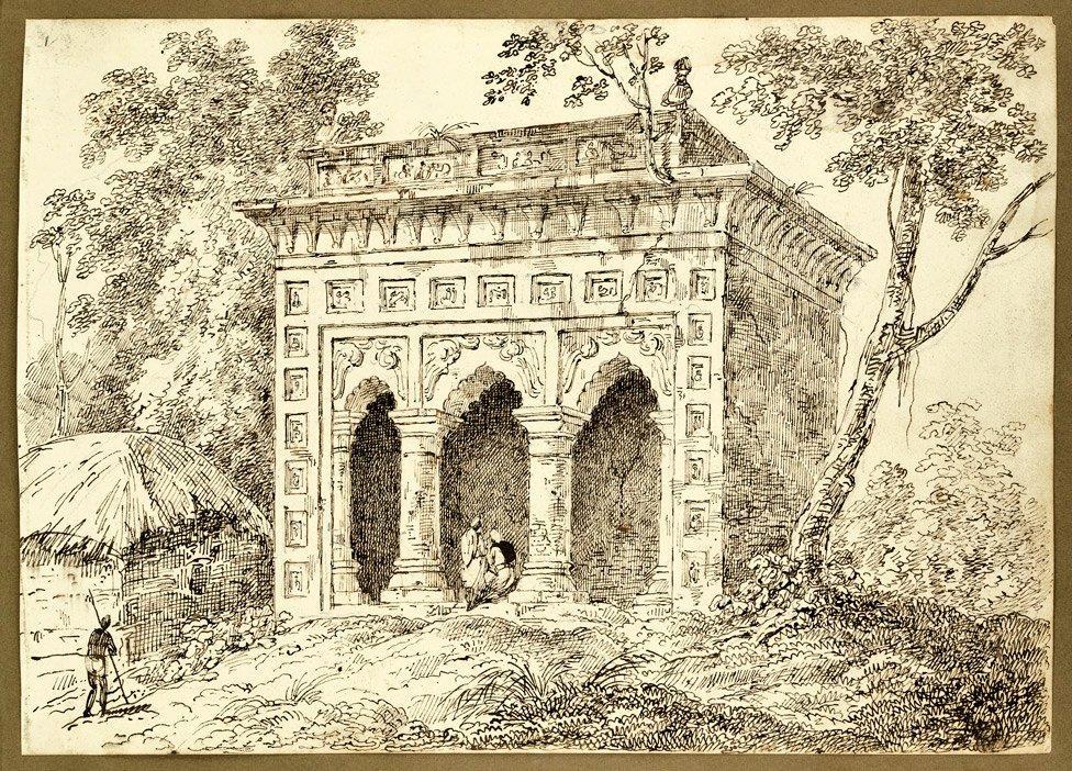 Pen and ink drawing of a Hindu rest house near Jehanabad on the West bank of the Damodar River in Bengal, dated 26 January 1823.