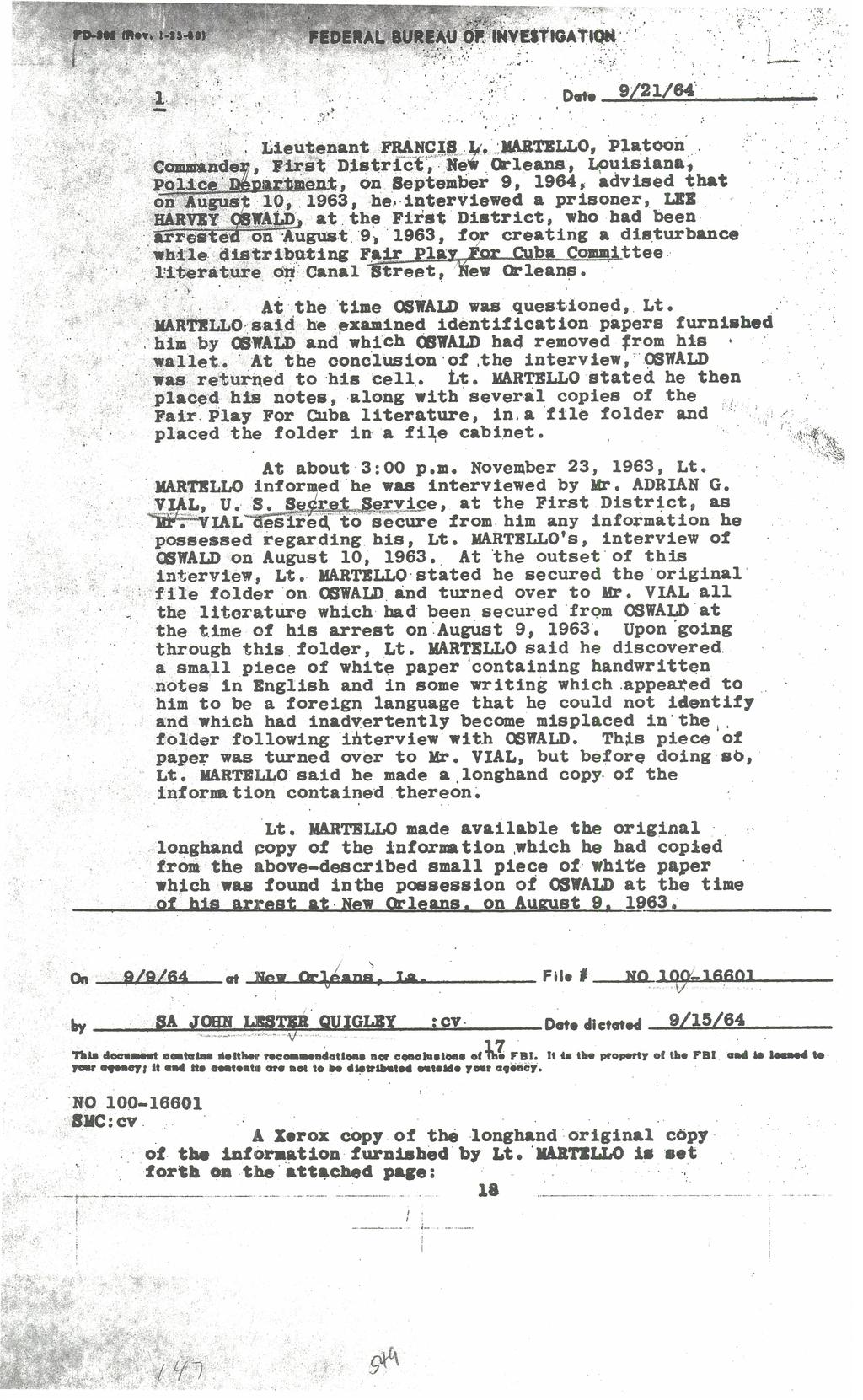 FEDERAL BUREALIOF invesiigatioic. Deo 9/21/64 Lieutenant FRANCIA,ANTELLO, Platoon Commander, First DistriCt.NeWOrleans, Louisiana, Police'DepArtment, on September 9, 1964, advised that onaugust'101.