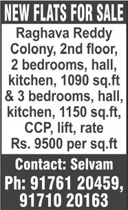 ft, UDS 504 sq.ft, 2 nd floor, lift, open car park, 21 years old, complete woodwork, price Rs. 60 lakhs, vegetarians only, Contact: Sriram Estates, call after 11 a.m. Ph: 93803 01972. T.