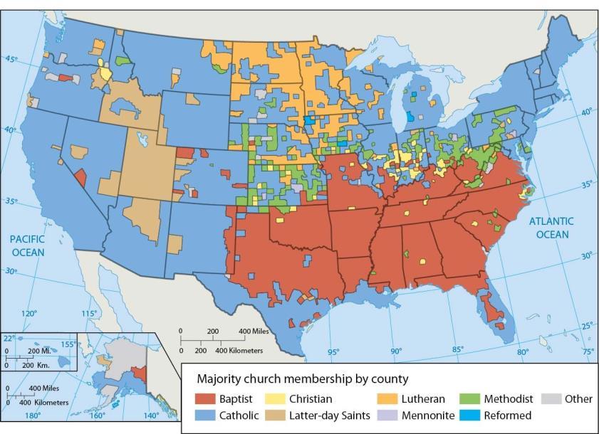 35) Based on the church membership by county map, we can surmise that a person from Alabama is more likely to be an adherent of A) a Baptist church. B) the Roman Catholic church.