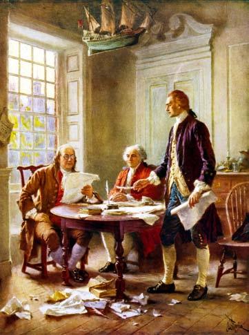 After it was finished, everyone in the Ben reads a copy of the Declaration of Independence with John Adams (center) and Thomas Jefferson. Continental Congress read it.