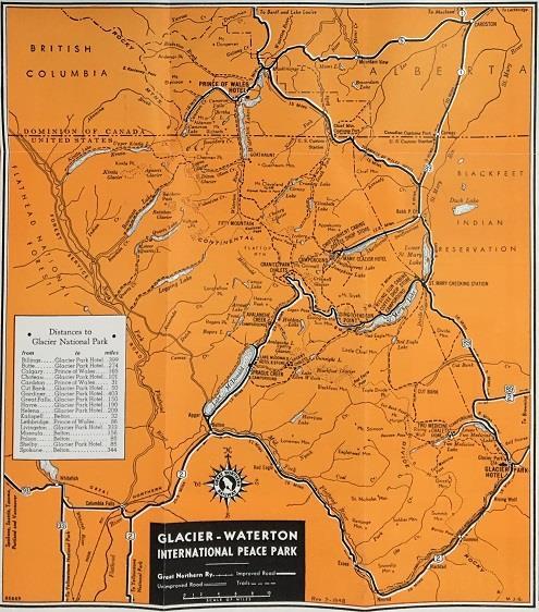 Glacier NP Cabins 15- Great Northern Railway. Cabin Camps Glacier National Park. [St. Paul, MN]: Great Northern Railway, 1952. Single sheet [46.5 cm x 40.5 cm] that folds-up to pamphlet size [23.