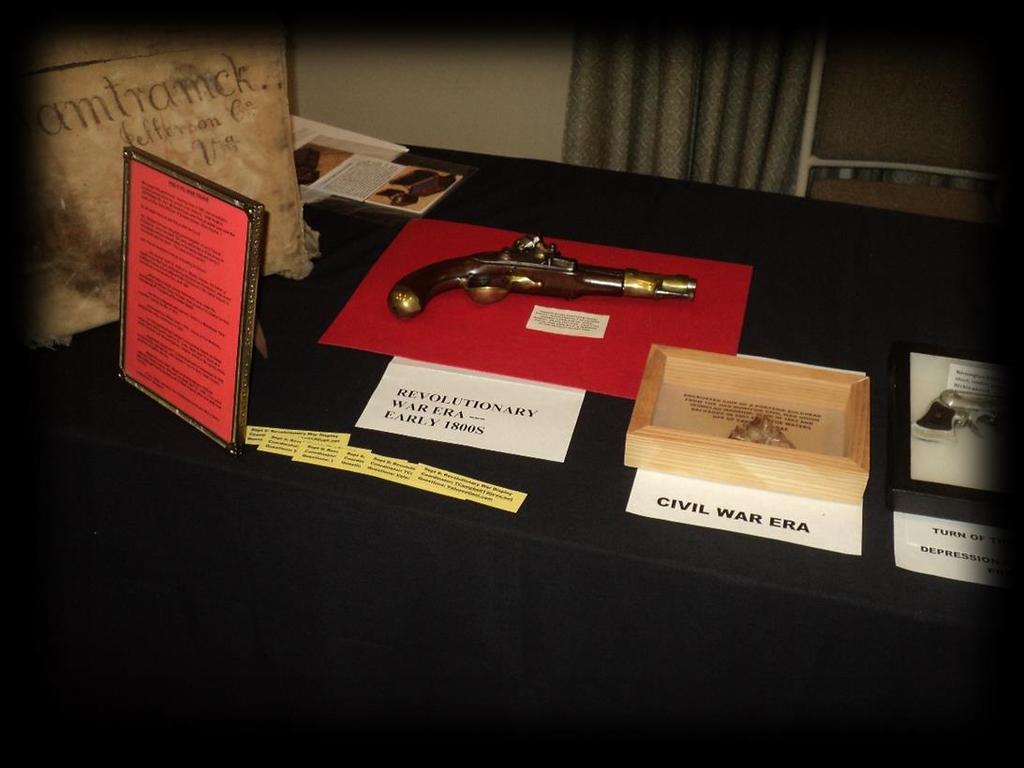 Chapter News Artifact Table Debuted at August Luncheon Compatriot Ron Losee provided display artifacts at the Williamsburg Chapter, SAR August luncheon as examples of items members should contribute