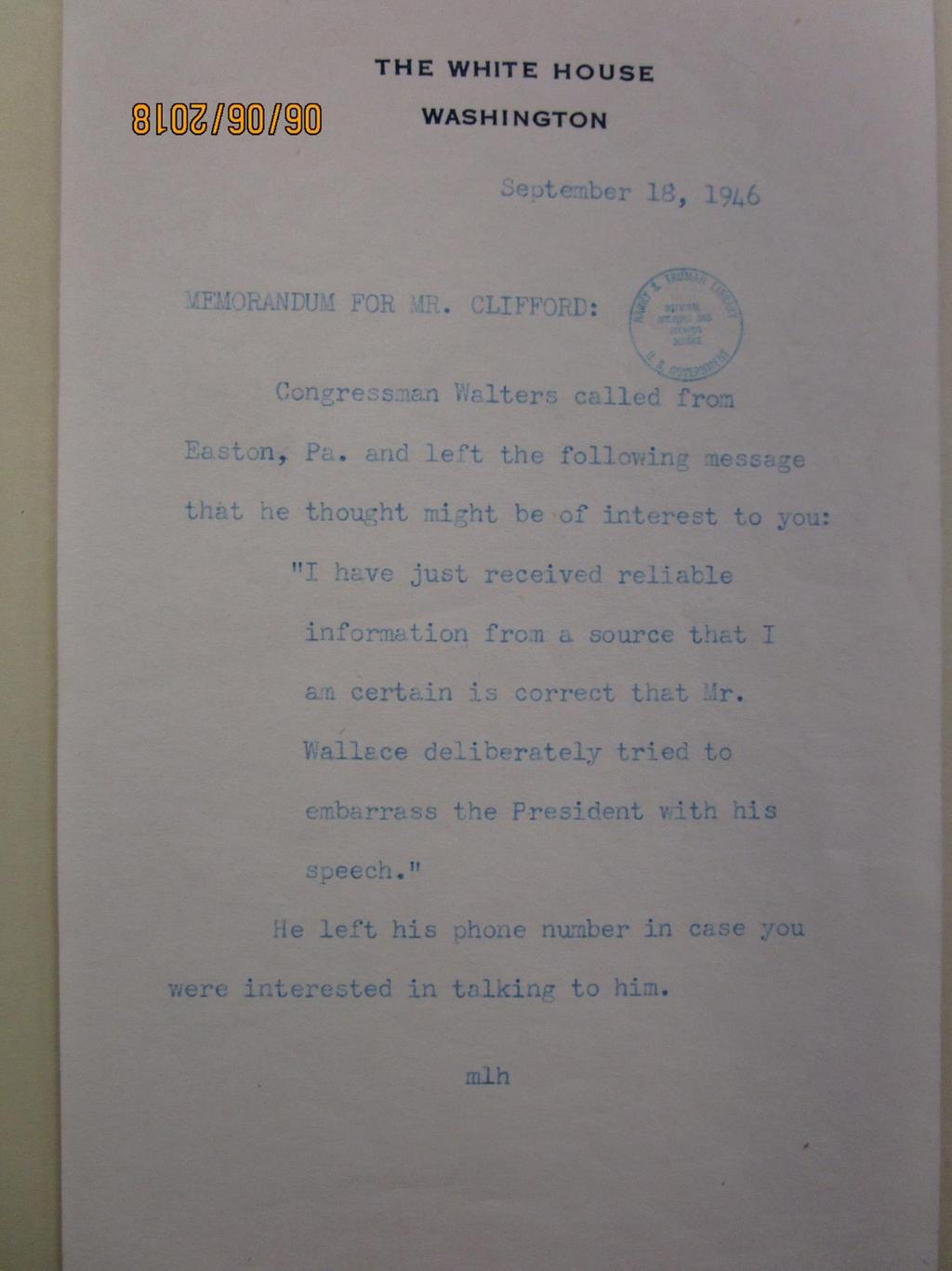 Source 2 Memo to Mr. Clifford. September 18, 1946.