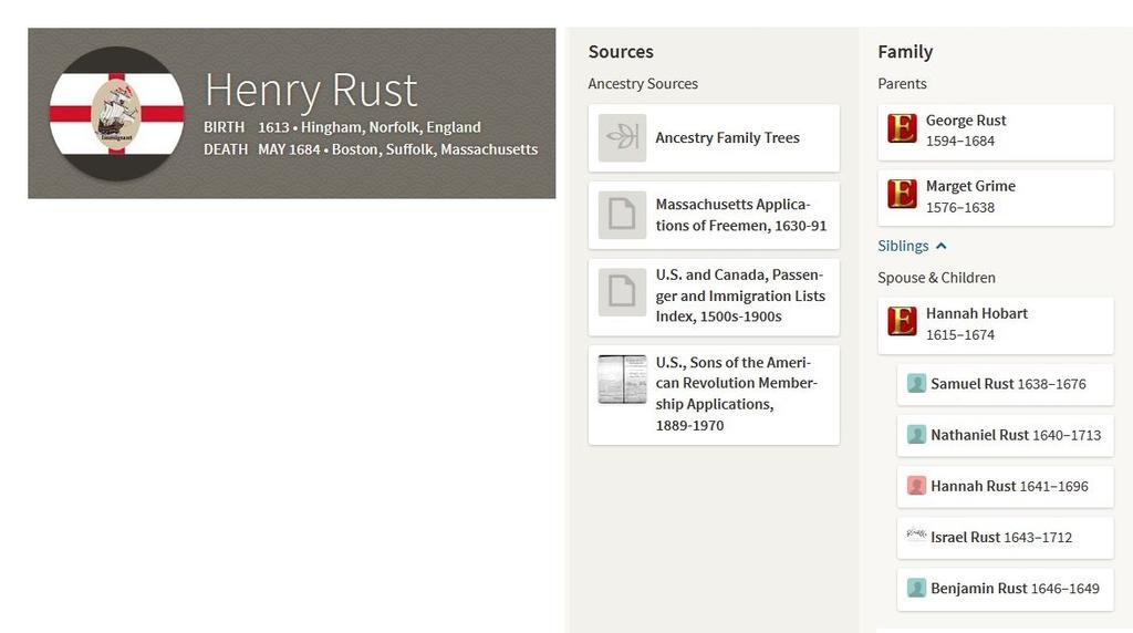 This image emphasizes that Henry Rust was an immigrant, as well as a Freeman in Massachusetts. It also illustrates some of the details of the genealogical records documenting these people.