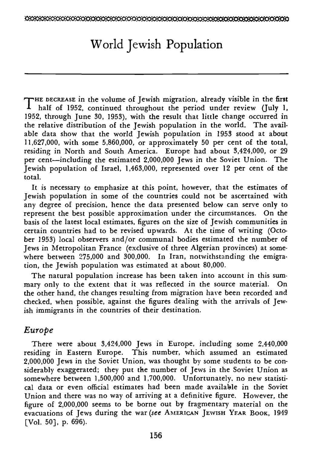 World Jewish "-phe DECREASE in the volume of Jewish migration, already visible in the first * half of 1952, continued throughout the period under review (July 1, 1952, through June 30, 1953), with