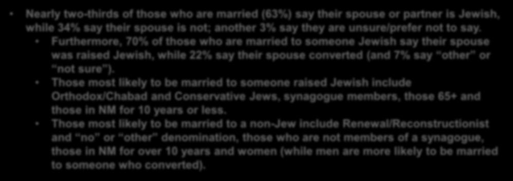 Marital Status Nearly two-thirds of those who are married (63%) say their spouse or partner is Jewish, while 34% say their spouse is not; another 3% say they are unsure/prefer not to say.