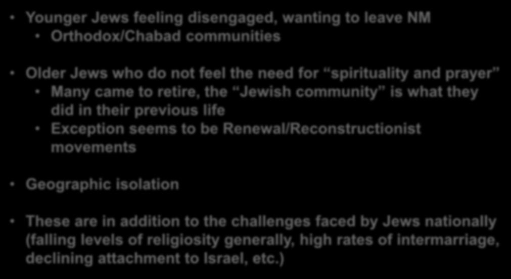 Conclusions: Challenges Younger Jews feeling disengaged, wanting to leave NM Orthodox/Chabad communities Older Jews who do not feel the need for spirituality and prayer Many came to retire, the
