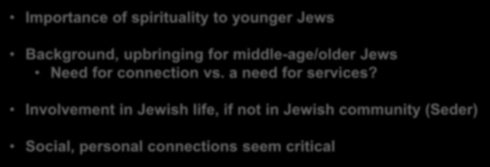 Conclusions: Opportunities Importance of spirituality to younger Jews Background, upbringing for middle-age/older Jews Need for connection vs.