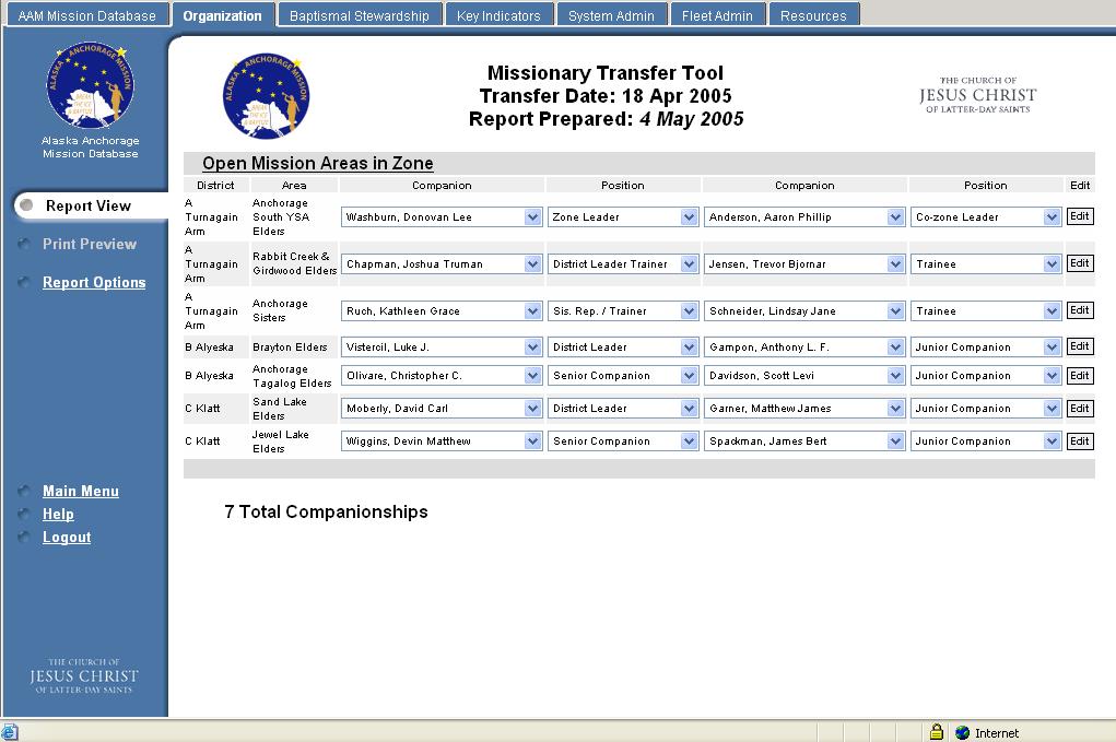 Report View (Missionary Transfer Tool) Transfers are made by using dropdown boxes to select