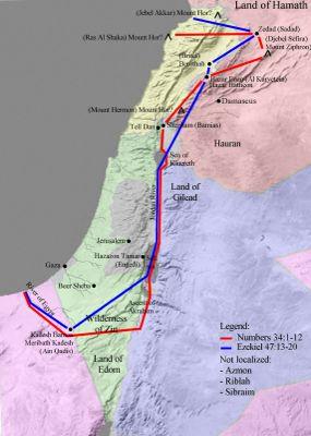 The land of Canaan, as defined in Numbers 34: 1-12 (red line) and Ezekiel 47: 13-20