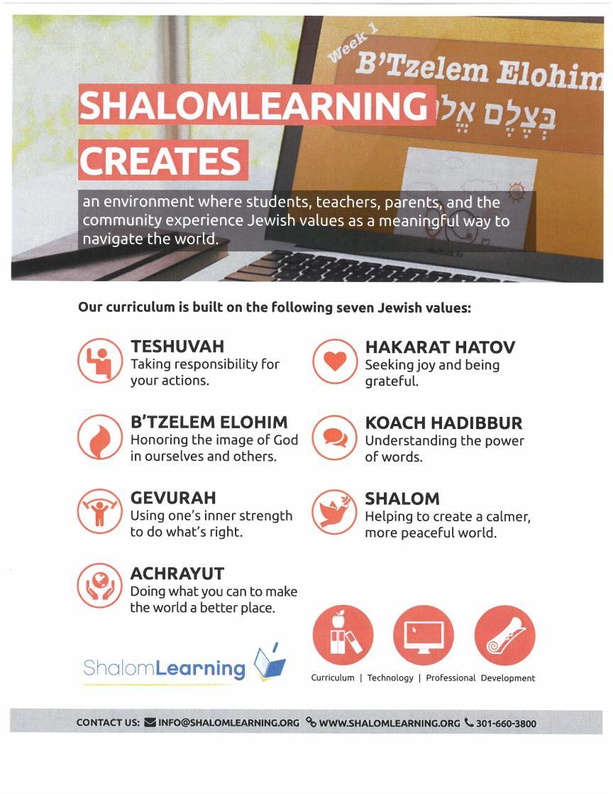 The curriculum focuses on teaching holidays, history, and parshiot (Torah portions) through a lens of Jewish values, or middot. The 7 values covered throughout the year are: 1.