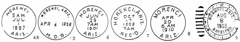 MORENCI Type Postmark Code Morenci Graham/Greenlee Co. (1884-1909; Greenlee Co.