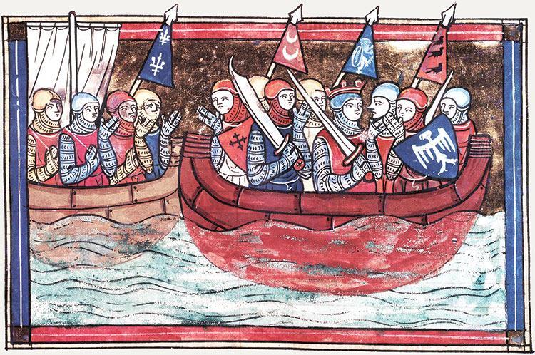 Crusaders embark for the Levant. From 'Le Roman de Godefroi de Bouillon', France, 1337.