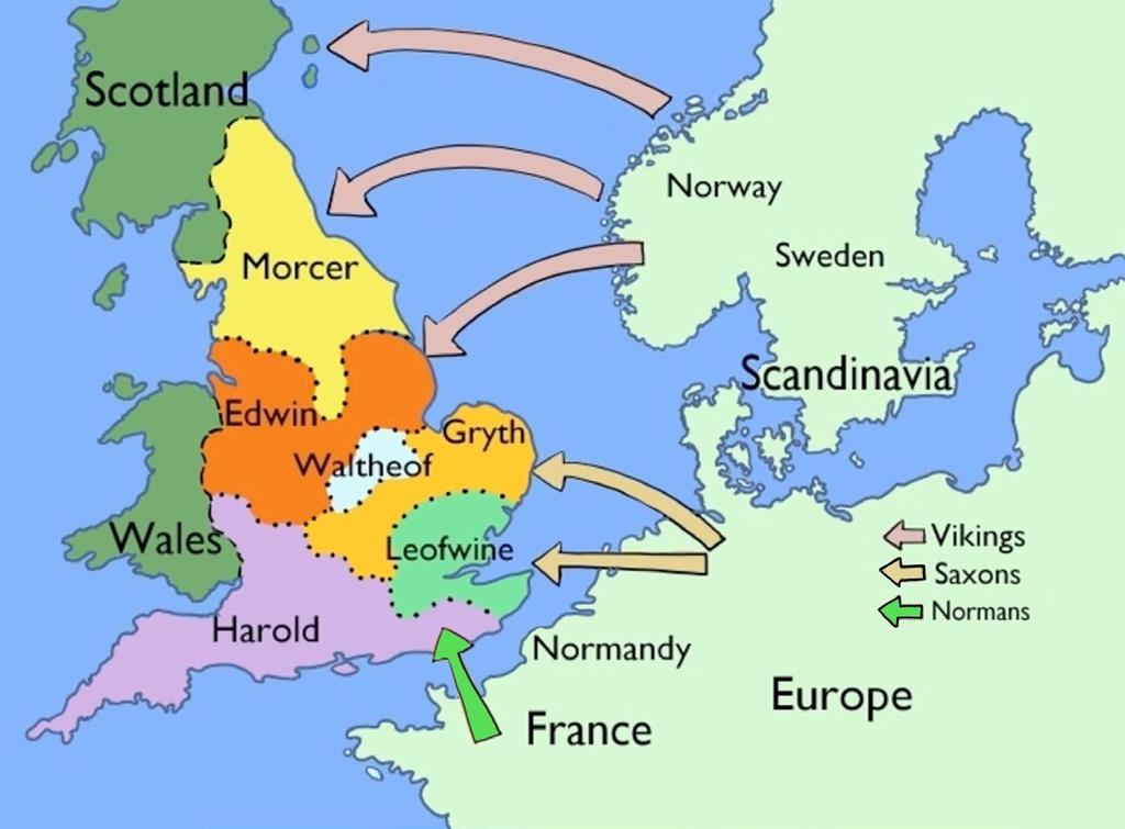 ACTIVITY 1 - THE ENGLISH AND THE ANGLO-SAXON WORLD Map showing English earldoms and the routes of invasions into England by the Vikings, Saxons and Normans.