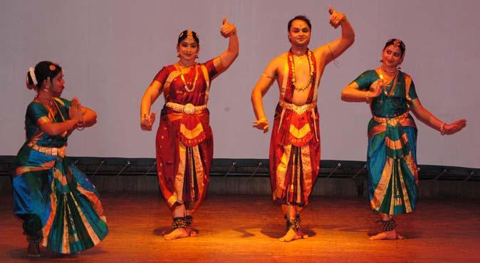 Artists perform during the dance recital Purandara Namana : From left Smt. Kusuma Ranjitha Vivin, Kum. Sreevidya Somayaji, Sri. Ajay Vishwanath and Smt. Manasa Rao Smt.