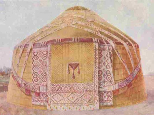 September Meeting Review: David and Sue Richardson on Qaraqalpaq Yurts 1. Richly decorated yurt in Moynaq, a former Aral Sea port, painted by ethnographer Boris Adrianov in 1946. 2.