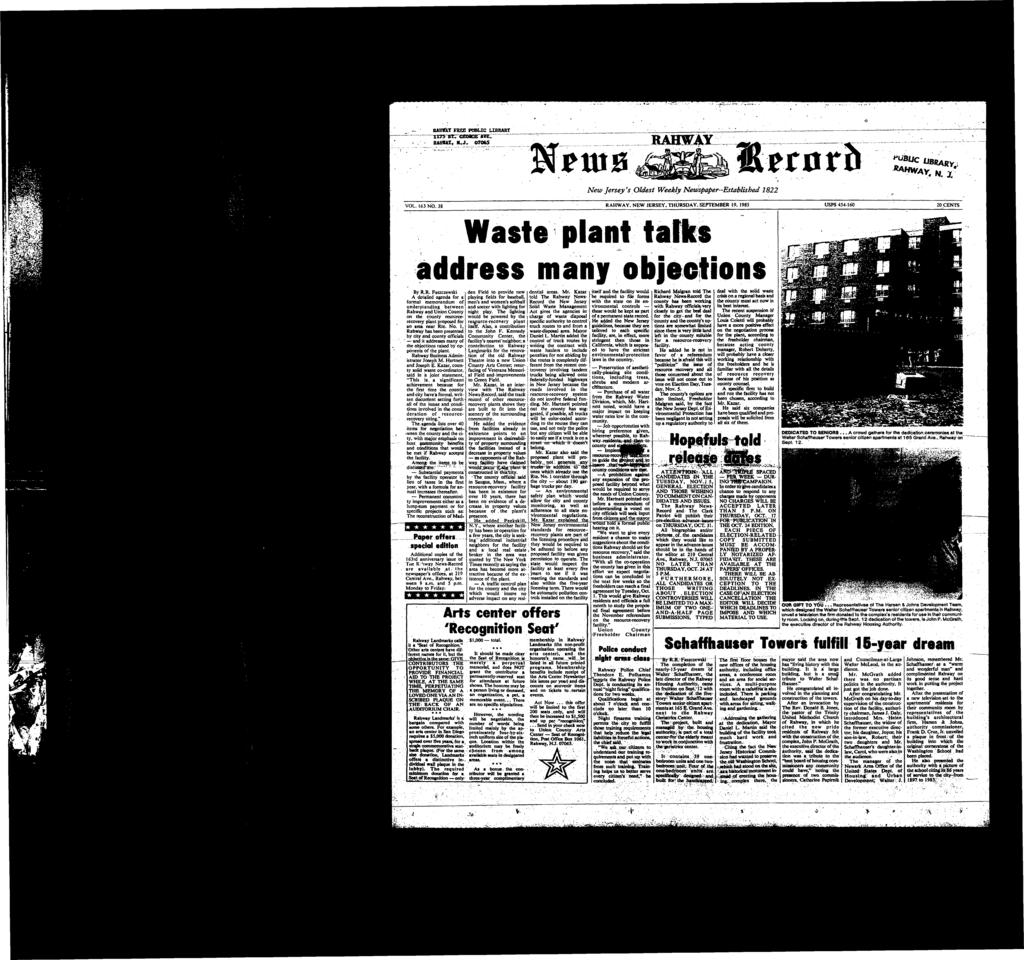 BABf&T FREE PUBLC LBHAHT HAfflUT, H.J. 07065 Jersey's Oldest Weekly Newspaper Establshed 1822 VOL. 163 NO. 38. NEW JERSEY. THURSDAY. SEPTEMBER 19.