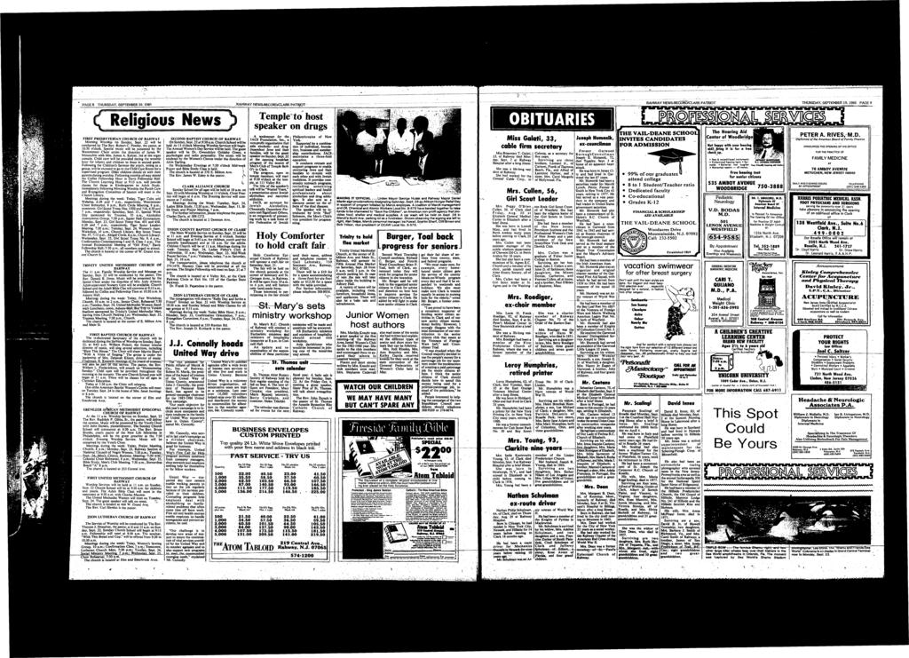 PAGE 8 THURSDAY. SEPTEMBER 19, 1985 - NEWSRECORD/CLARK PATROT Relgous News FRST PRESBYTERAN CHURCH OF Mornng Worshp on Sunday, Sept. 22 wll be conducted by The Rev. Robert C. Powley.