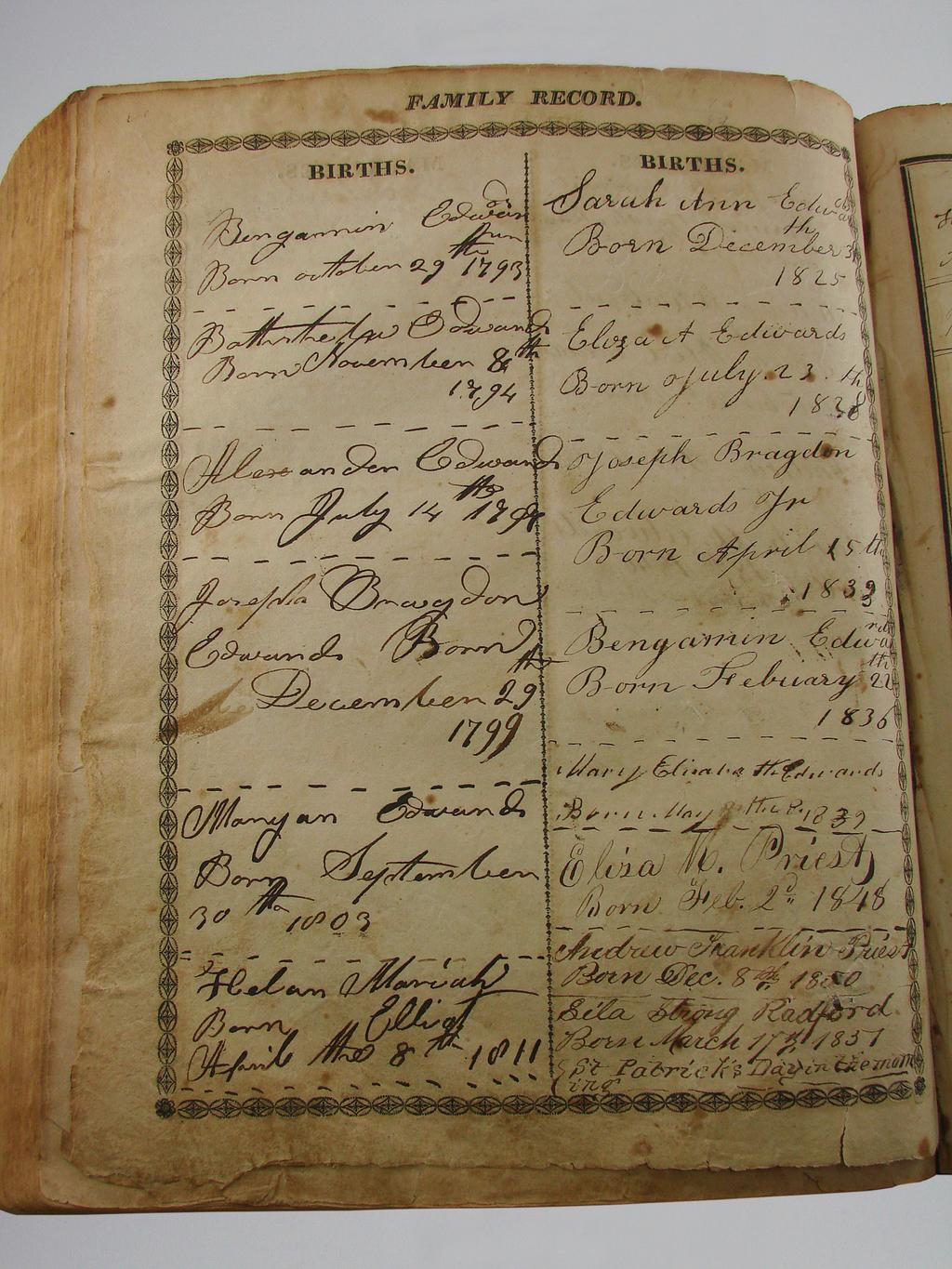 The birth records of Joseph B. Edwards (1799-1852) and his siblings in the 1812 Edwards family Bible. Joseph B. married Sarah Mace at the West Church in Boston on October 30, 1823.