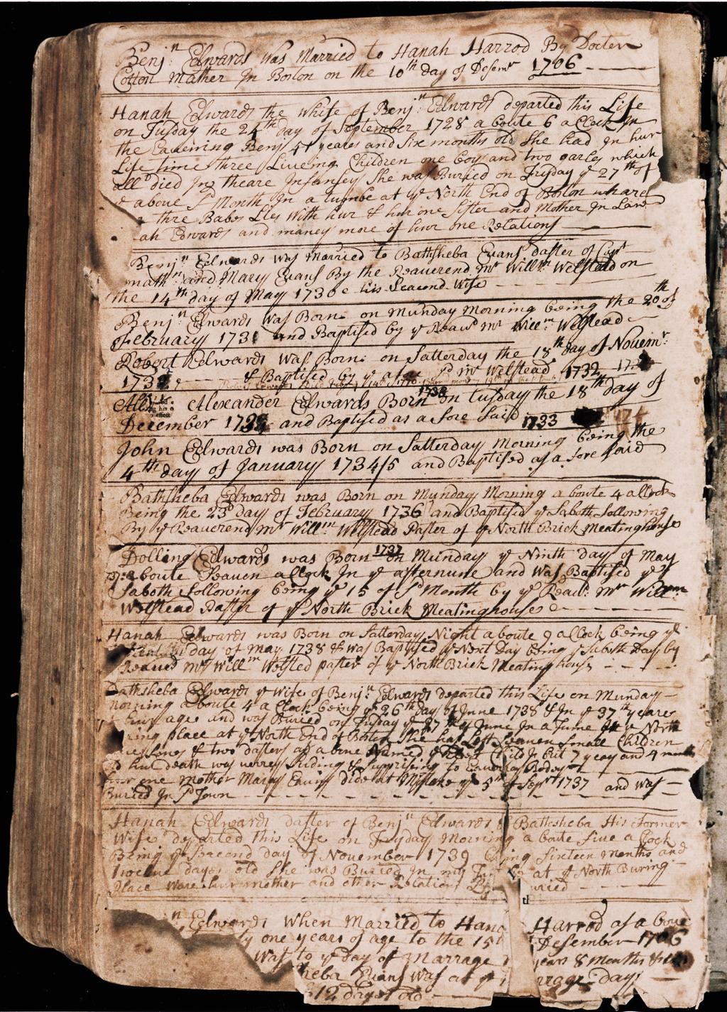 A page from the 1708 Edwards family Bible with
