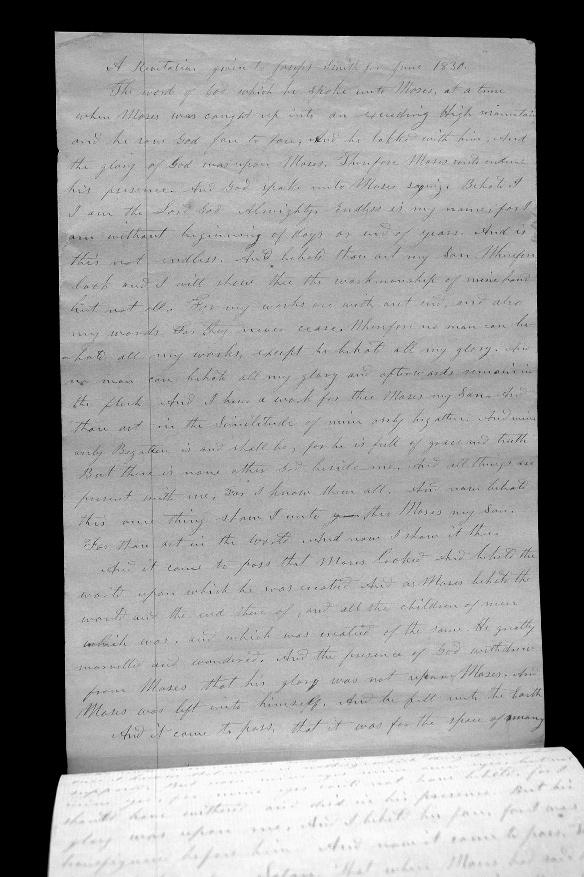 Bottom right: John Whitmer s Genesis text beginning on page two of the manuscript.